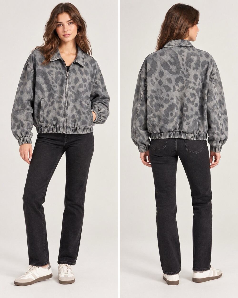 Anthropologie Pilcro Rylie Bomber Oversized Jacket M Gray Leopard Denim NWOT